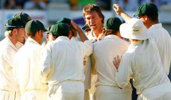 Aussie Cricket - Aussies celebrating another Mcgrath wicket