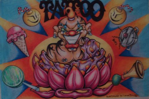 My Peacefull Circus! - ...self explanitory!  pencil crayon and pen on rice paper (11 x 14) published in Tattoo Magazine in 1999