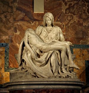 The Pietá - Photo of Michaelangelo's statue of the Pietà in St. Peter's Basilica in Rome.  It is a considered his best work and it shows Mary seated holding the stretched out of the body of Christ after he was crucified.