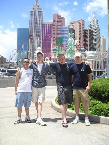 Me and my friends in front of the New York New Yor - We just took a pose for the camera. This is actually a hotel I would like to stay at one day when I go back.