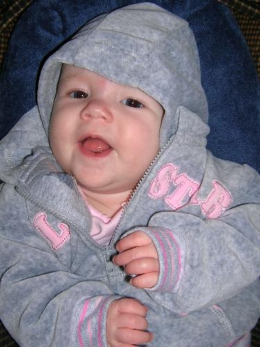 Skye in hoodie - This is a picture of my daughter in her hoodie at around 4 months old