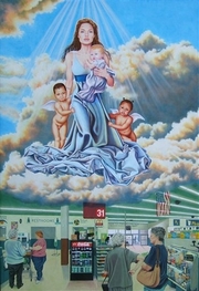 Blessed Art Thou Painting featuring Angelina Jolie - Angelina Jolie is depicted as the Virgin Mary with her children in this painting by Kate Katz.