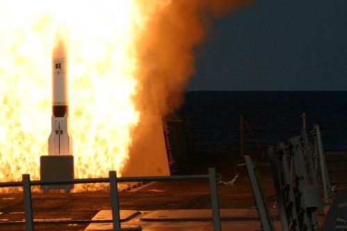 SM-2 Missle - Sea trials launch of SM-2BIII missle from aft missle laucher.