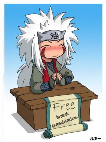 jiraiya  - hahaha its funny! i think he wants 2 touch tsunade's boobs dats y he is doing it!