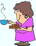 ole woman inviting you for a cup of coffee and a b - picture of an ole woman giving a cup of Hot coffee and brownie to a friend,dressed in ole slippers, and house-dress.