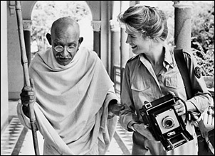 film - the 1982 academy award winning film'gandhi' stared ben kingsley (left) in the title role. kingsley ( who had not yet recived the title of sir)won the oscar for his leading perfomance in the film. candice bergen(right) co-stared as  photographer margaret bourke white