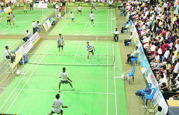 Shuttle Court - EXCITING MOMENTS: A scene from the shuttle badminton tournament held in Kozhikode.