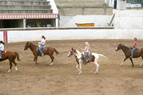 My daughter Megan at Escaramusa practice - Megan practices the sport of Escaramusa every Saturday at the bull ring in the nearby town of Ajijic. She rides her horse Mapa there. She is usually accompanied on her ride to the bull ring by our horse wrangler on his horse, and often a friend or two goes along either on one of Megan's horses or on their own.