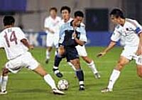 Baichung in action for India - Asian games in 2002... India defeated Turkmenistan 3-1