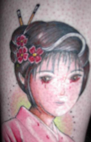 My most recent tattoo - I had this tattoo done on a whim.. I started reading a vampire romance series which I became obsessed with. One morning I woke up and decided that I needed a tatto that would be within my interest and add a little darker vampire-ish look to it..  The giesha I picked for its beauty, and its meaning of lifes struggles and comprimises. As a carpathian (character in books) would struggle and compromise to stave the beast..  I had the bloody tears added as a carpathian will sweat blood during times of intense stress or emotion or suffering.. The blood is also the essence of life and having her cry it shows she is also vulnerable to life loss.