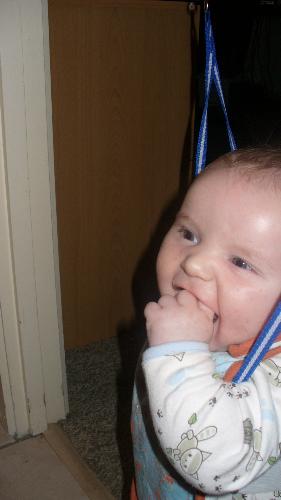 bailey in the jolly jumper - this is my son being his happy little self in his jolly jumper. he loves to bounce and it makes him happier and i love nothing better than hearing his cries of delight as he jumps higher and higher. hes a funny little thing!