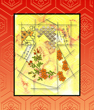 kimino card - A card developed from an image I sold to a rubber Stamp company Innovative Stamp Creations. Here the line art was scanned into photoshop and coloured.  does anyone else do this to make their cards?