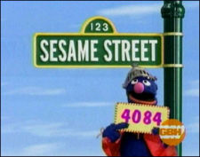 Sesame Street - Grover, standing right in front of sesame street sign.
